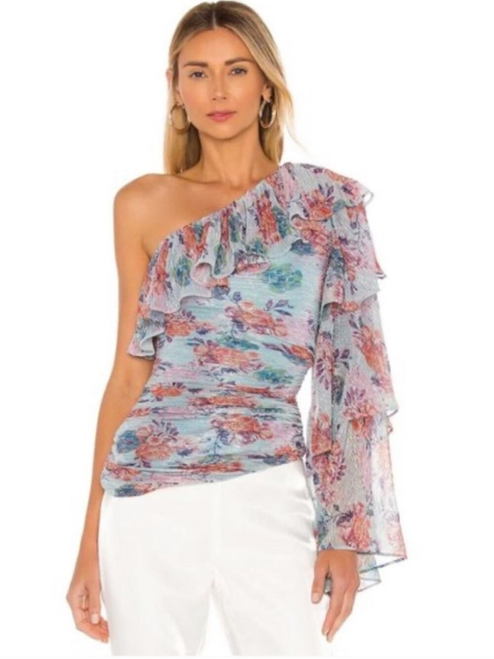 🌻REVOLVE NBD Johanne Blue Pink Floral Metallic 1-Shoulder Ruched Size XS